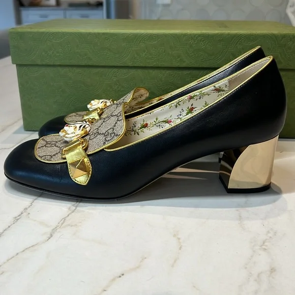 Gucci with Leather GG Supreme Embellished Mid-Heel Loafer Pump (Size 40) - Picture 10 of 13